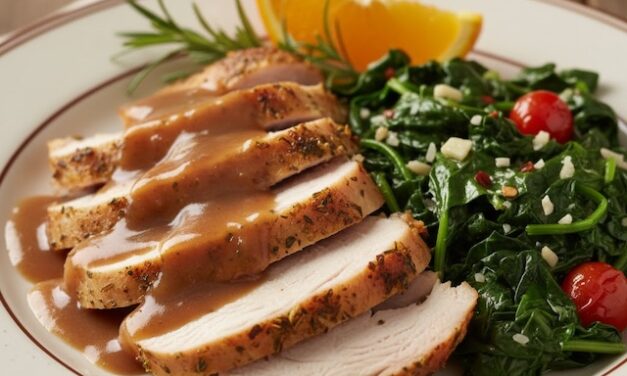 In Cucina: petto di tacchino agli agrumi con spinaci saltati