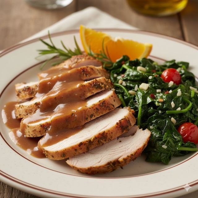 In Cucina: petto di tacchino agli agrumi con spinaci saltati