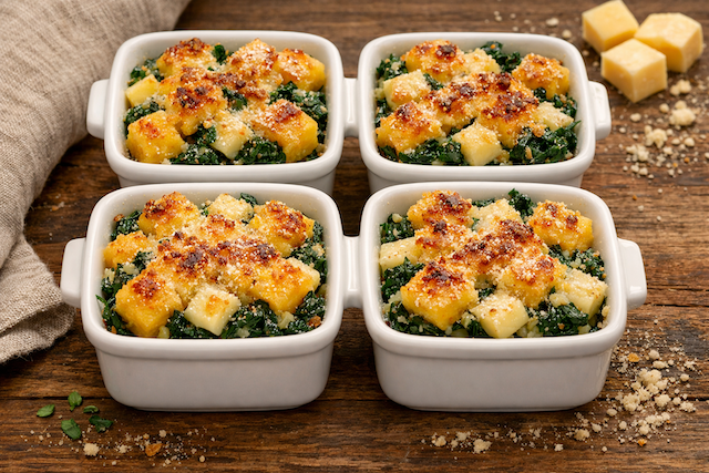 Monoporzioni di polenta, provola e spinaci