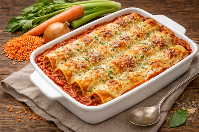 Cannelloni vegetariani con lenticchie rosse