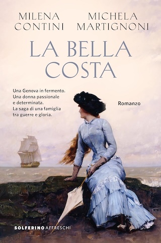 Una donna con abito celeste, cappellino nero e ombrello bianco. È seduta su uno scoglio, voltata verso una nave a vele spiegate che si allontana. Una dama irreprensibile, se non fosse per la lunghissima chioma che sfugge al cappellino e danza nel vento.