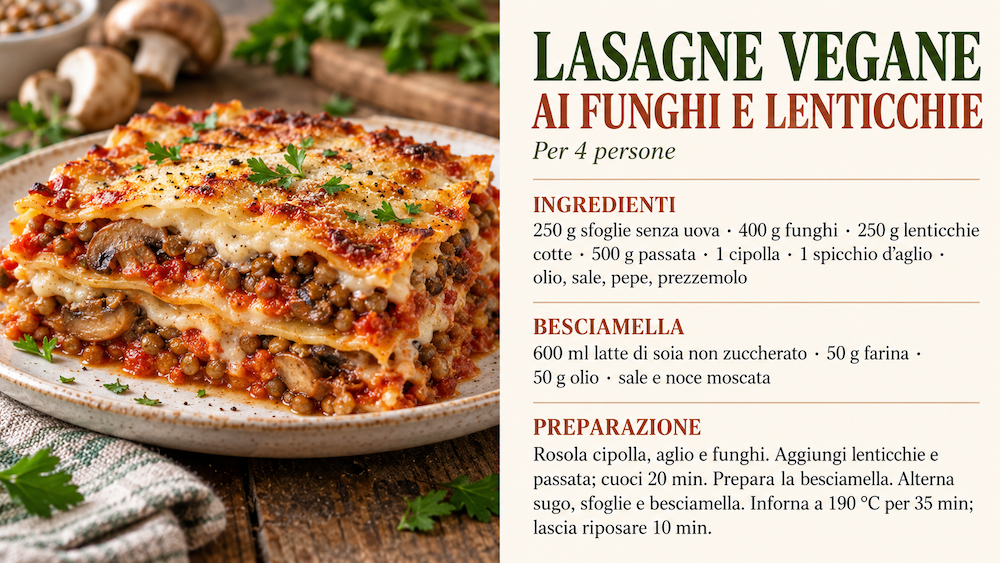 Primo: lasagne ai funghi, lenticchie e besciamella vegetale